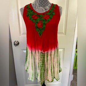 Ana & Kate Red and Green Embroidered Women's Flowy boho tank top long tie dye